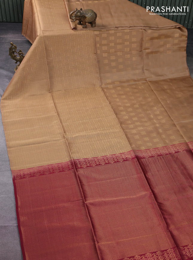 Kanchipuram soft silk saree dark sandal and maroon with half & half style in borderless style