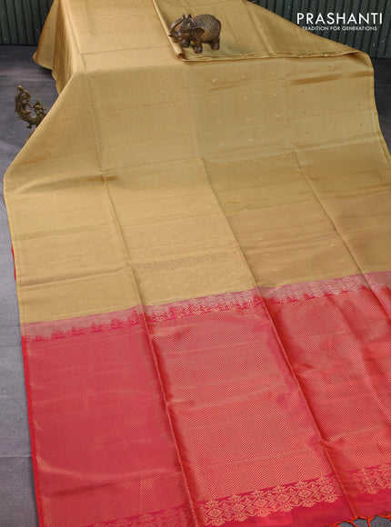 Kanchipuram soft silk saree sandal and dual shade of pinkish orange with half & half style in borderless style