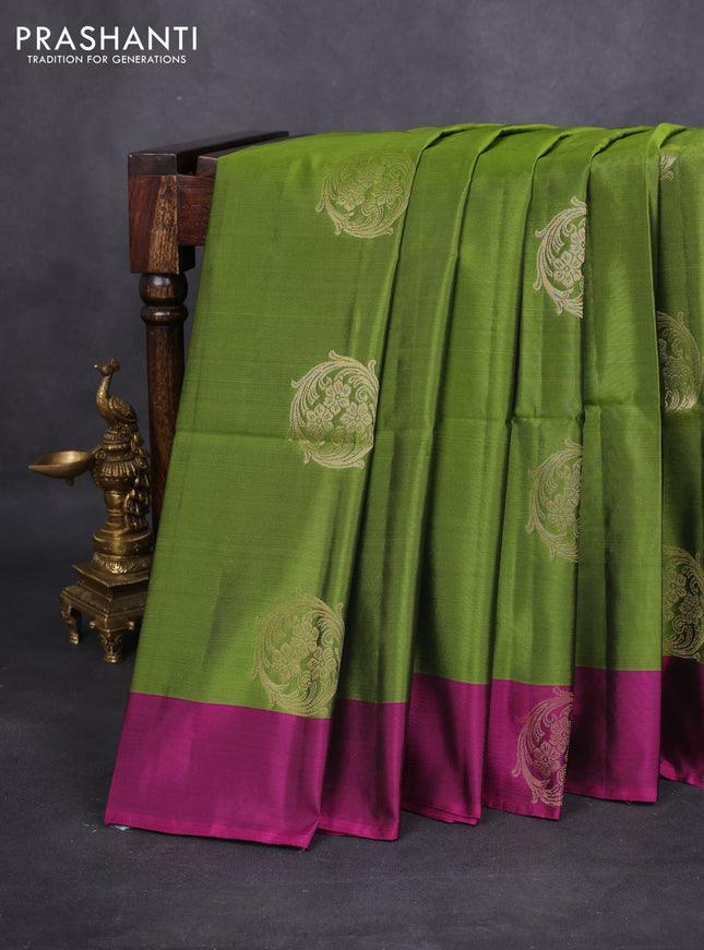 Kanchipuram soft silk saree mehendi green and dark magenta pink with zari woven buttas and zari woven butta border