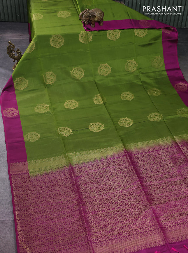 Kanchipuram soft silk saree mehendi green and dark magenta pink with zari woven buttas and zari woven butta border