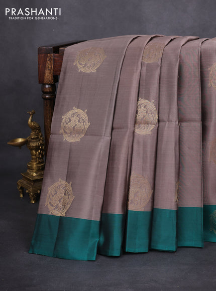 Kanchipuram soft silk saree grey and teal green with zari woven buttas and zari woven butta border