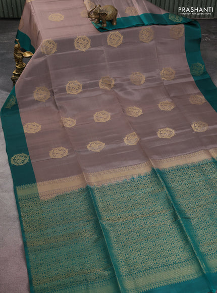 Kanchipuram soft silk saree grey and teal green with zari woven buttas and zari woven butta border