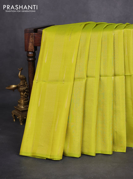 Kanchipuram soft silk saree lime green and purple with allover zari weaves & buttas in borderless style