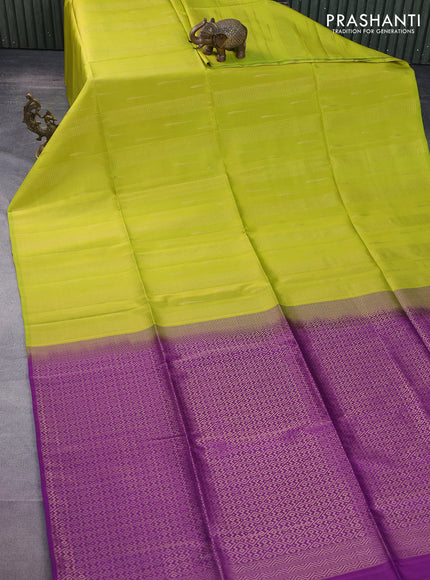 Kanchipuram soft silk saree lime green and purple with allover zari weaves & buttas in borderless style