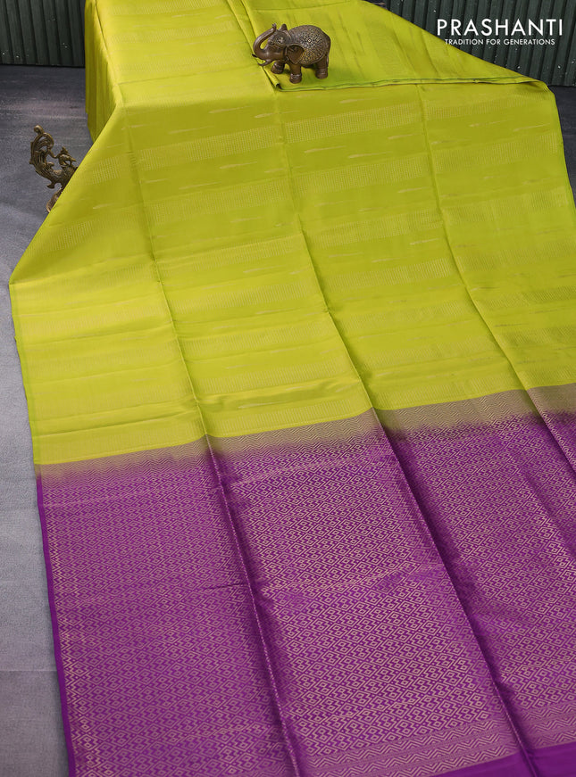 Kanchipuram soft silk saree lime green and purple with allover zari weaves & buttas in borderless style