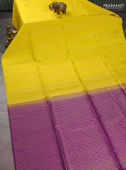 Kanchipuram soft silk saree yellow and purple with allover zari weaves & buttas in borderless style
