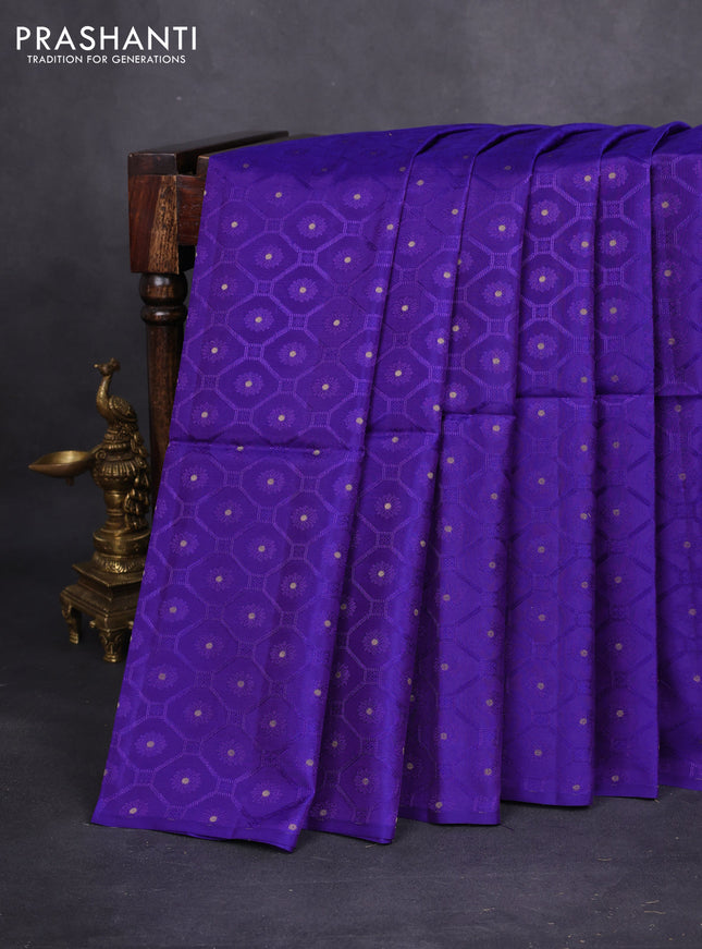 Kanchipuram soft silk saree violet and red with allover self emboss & zari buttas in borderless style