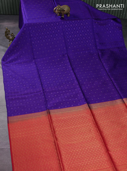 Kanchipuram soft silk saree violet and red with allover self emboss & zari buttas in borderless style