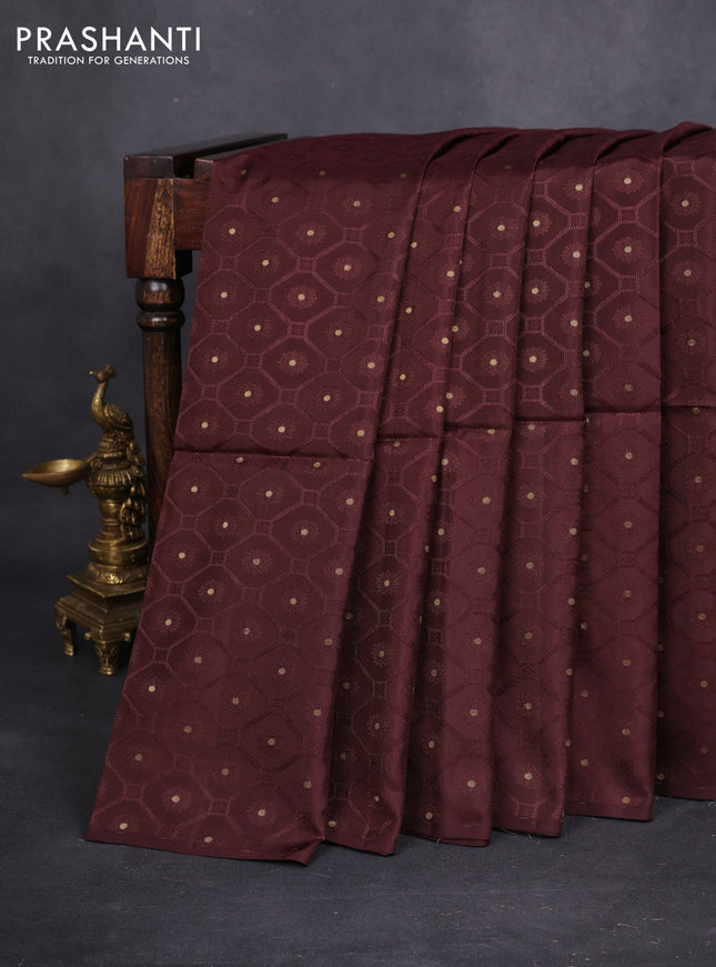 Kanchipuram soft silk saree coffee brown and cream with allover self emboss & zari buttas in borderless style