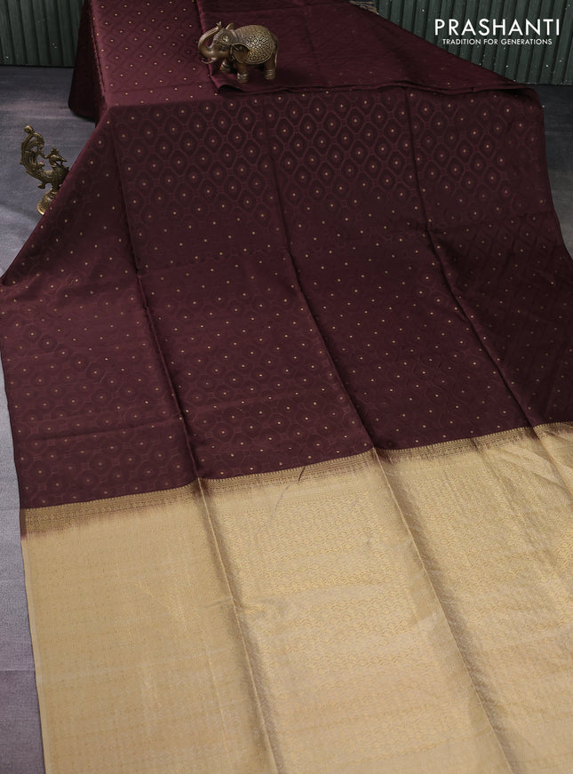 Kanchipuram soft silk saree coffee brown and cream with allover self emboss & zari buttas in borderless style