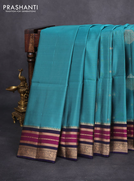 Kanchipuram soft silk saree teal shade and dark blue with zari woven buttas and zari woven border
