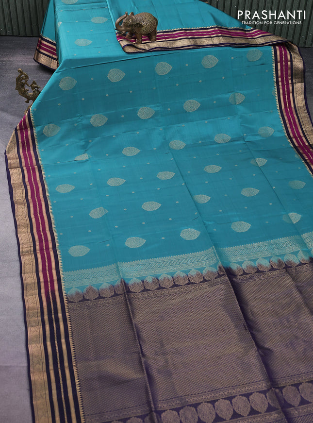 Kanchipuram soft silk saree teal shade and dark blue with zari woven buttas and zari woven border