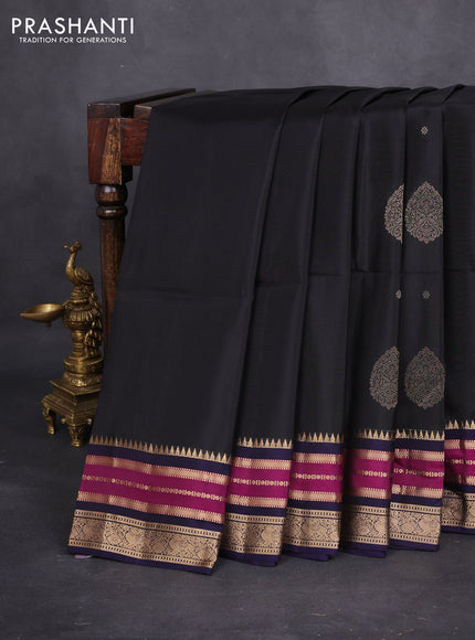 Kanchipuram soft silk saree black and dark blue with zari woven buttas and zari woven border