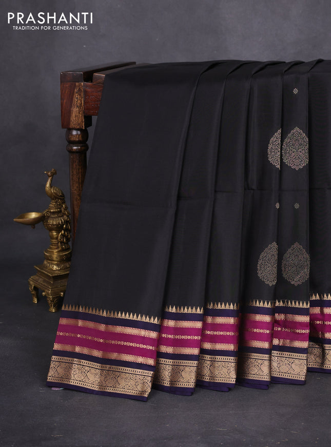 Kanchipuram soft silk saree black and dark blue with zari woven buttas and zari woven border
