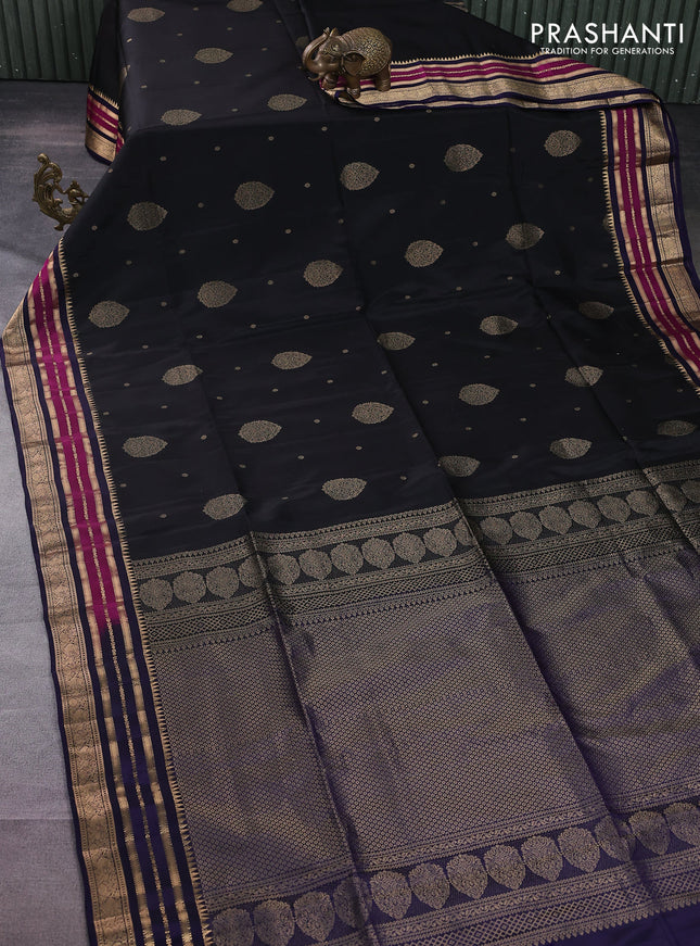 Kanchipuram soft silk saree black and dark blue with zari woven buttas and zari woven border