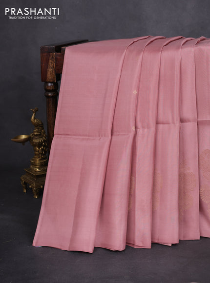 Kanchipuram soft silk saree pastel peach pink with zari woven buttas in borderless style