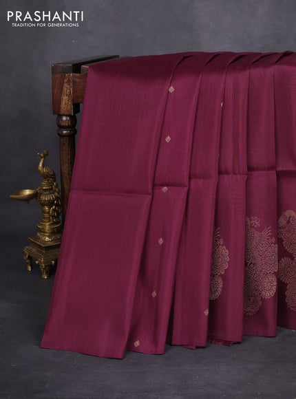 Kanchipuram soft silk saree wine shade with zari woven buttas in borderless style