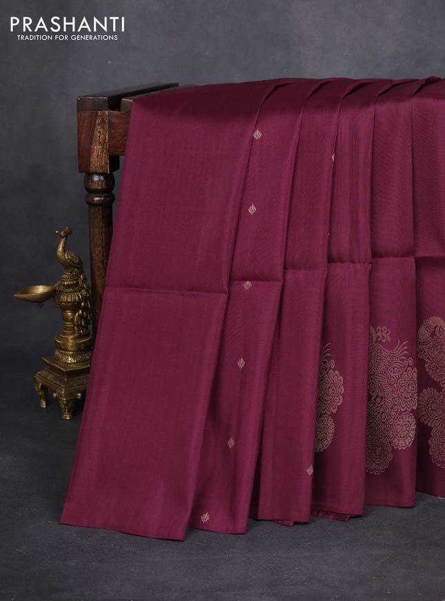 Kanchipuram soft silk saree wine shade with zari woven buttas in borderless style