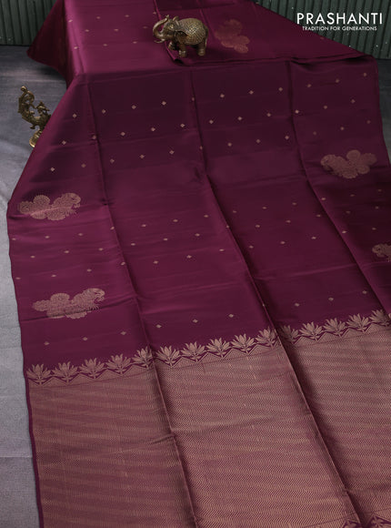 Kanchipuram soft silk saree wine shade with zari woven buttas in borderless style