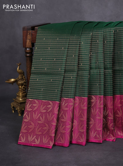 Kanchipuram soft silk saree bottle green and magenta pink with allover zari woven brocade weaves and long zari woven border