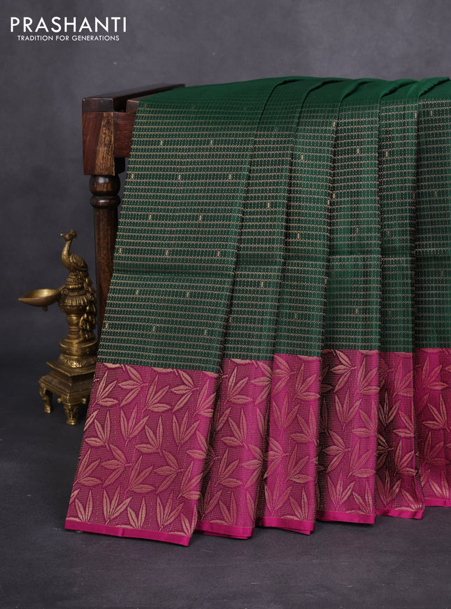 Kanchipuram soft silk saree bottle green and magenta pink with allover zari woven brocade weaves and long zari woven border