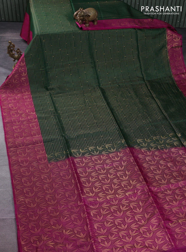 Kanchipuram soft silk saree bottle green and magenta pink with allover zari woven brocade weaves and long zari woven border