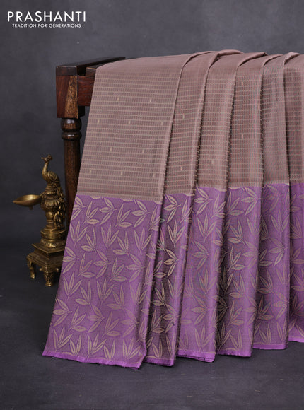 Kanchipuram soft silk saree pastel brown and lavender shade with allover zari woven brocade weaves and long zari woven border