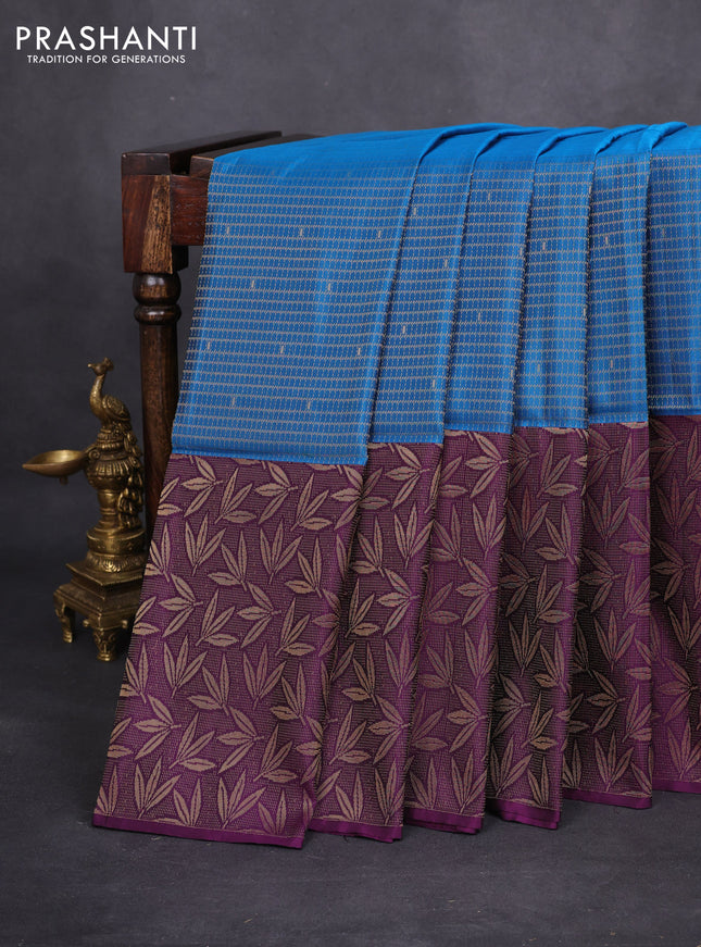 Kanchipuram soft silk saree peacock blue and purple with allover zari woven brocade weaves and long zari woven border