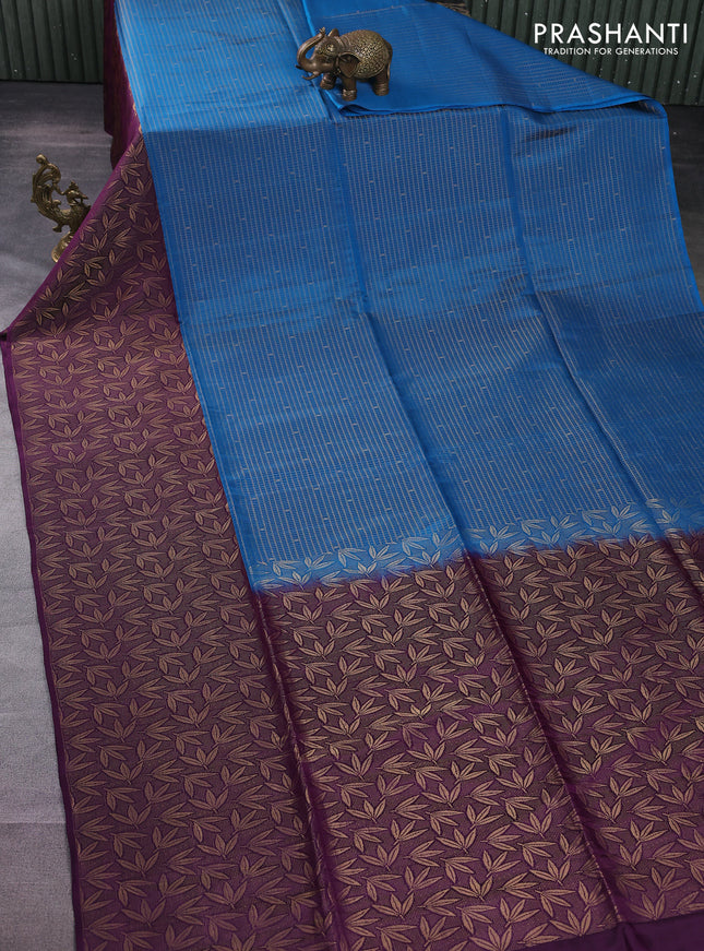 Kanchipuram soft silk saree peacock blue and purple with allover zari woven brocade weaves and long zari woven border