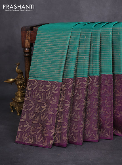 Kanchipuram soft silk saree teal green and purple with allover zari woven brocade weaves and long zari woven border