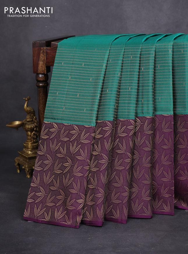 Kanchipuram soft silk saree teal green and purple with allover zari woven brocade weaves and long zari woven border