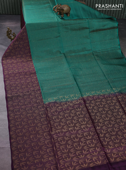 Kanchipuram soft silk saree teal green and purple with allover zari woven brocade weaves and long zari woven border