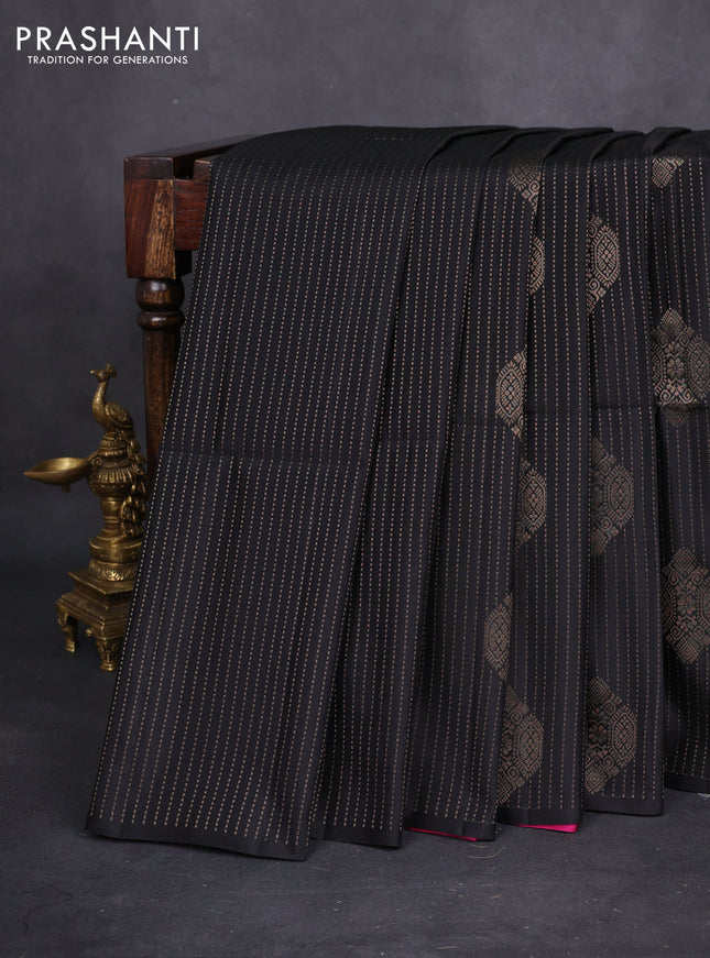 Kanchipuram soft silk saree black and pink with allover zari weaves & buttas in borderless style