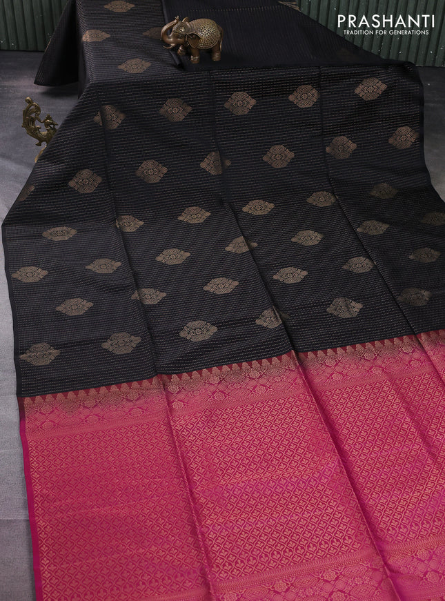 Kanchipuram soft silk saree black and pink with allover zari weaves & buttas in borderless style