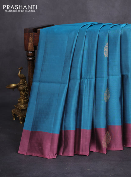 Kanchipuram soft silk saree peacock blue and mauve pink with zari woven buttas and zari woven butta border