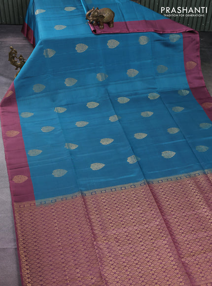 Kanchipuram soft silk saree peacock blue and mauve pink with zari woven buttas and zari woven butta border