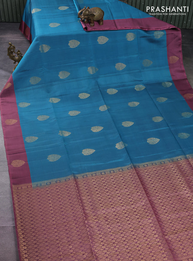 Kanchipuram soft silk saree peacock blue and mauve pink with zari woven buttas and zari woven butta border