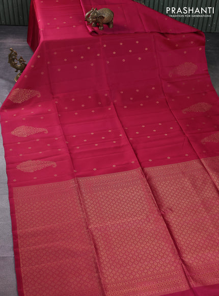 Kanchipuram soft silk saree magenta pink with zari woven buttas and long zari woven paisley butta border