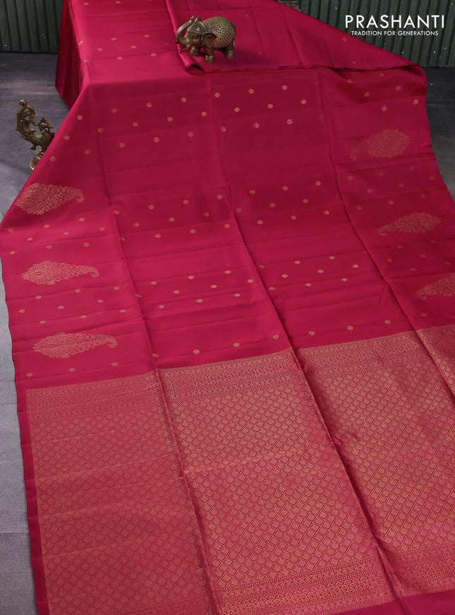 Kanchipuram soft silk saree magenta pink with zari woven buttas and long zari woven paisley butta border