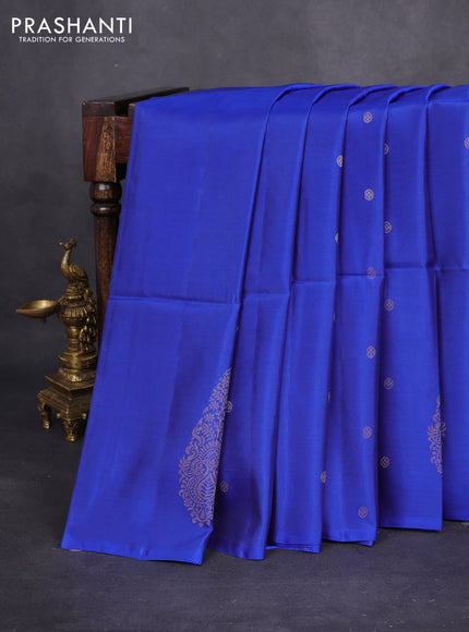 Kanchipuram soft silk saree royal blue with silver zari woven buttas and long silver zari woven paisley butta border