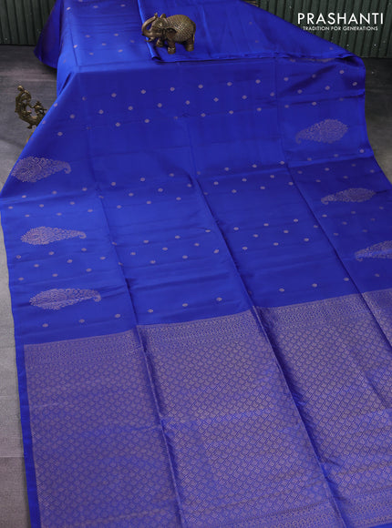 Kanchipuram soft silk saree royal blue with silver zari woven buttas and long silver zari woven paisley butta border