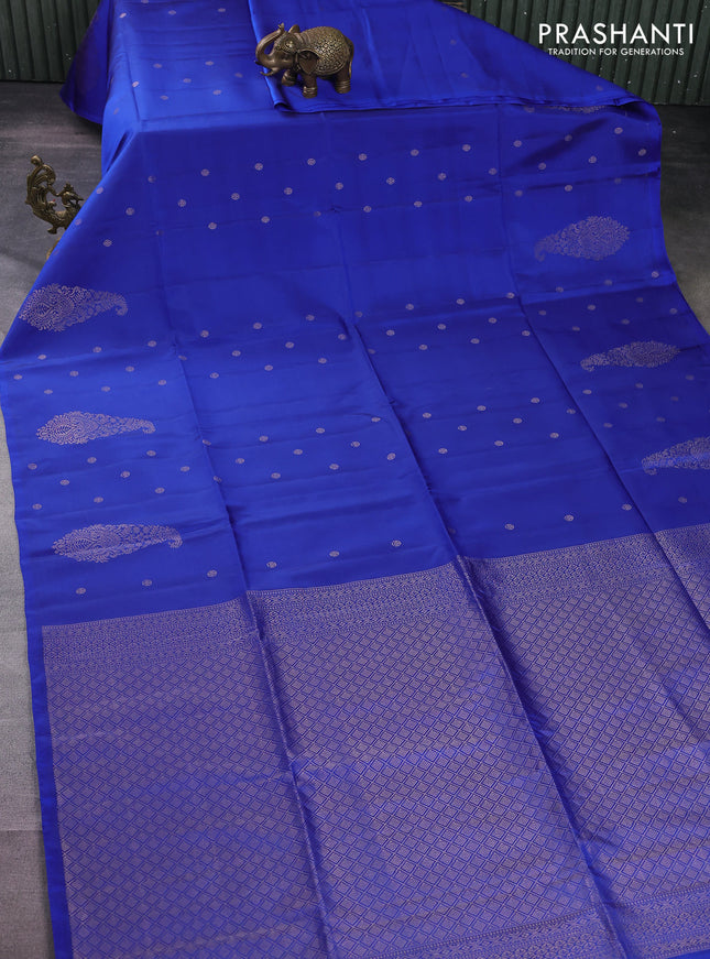 Kanchipuram soft silk saree royal blue with silver zari woven buttas and long silver zari woven paisley butta border