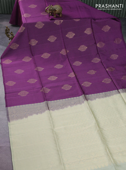 Kanchipuram soft silk saree purple and mild pista green with allover zari weaves in borderless style