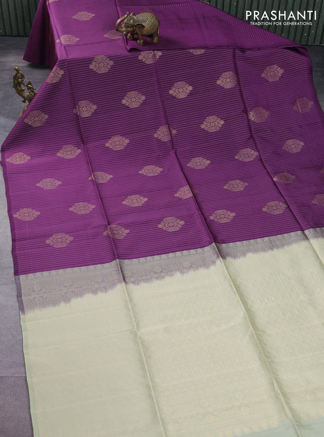 Kanchipuram soft silk saree purple and mild pista green with allover zari weaves in borderless style