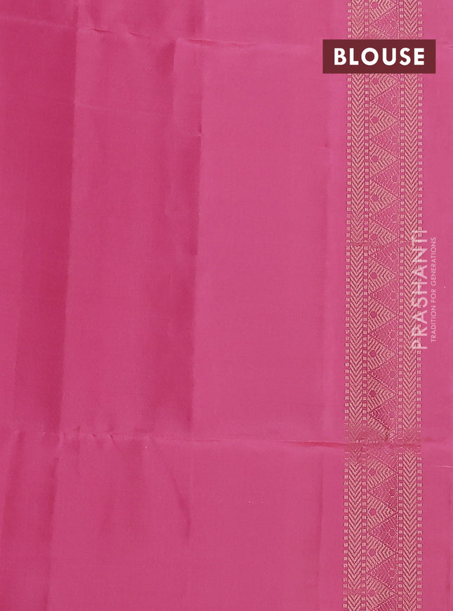 Kanchipuram soft silk saree cream and candy pink with allover zari woven geometric buttas in borderless style