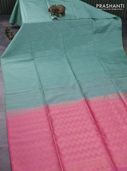 Kanchipuram soft silk saree pastel blue and candy pink with allover zari woven geometric buttas in borderless style