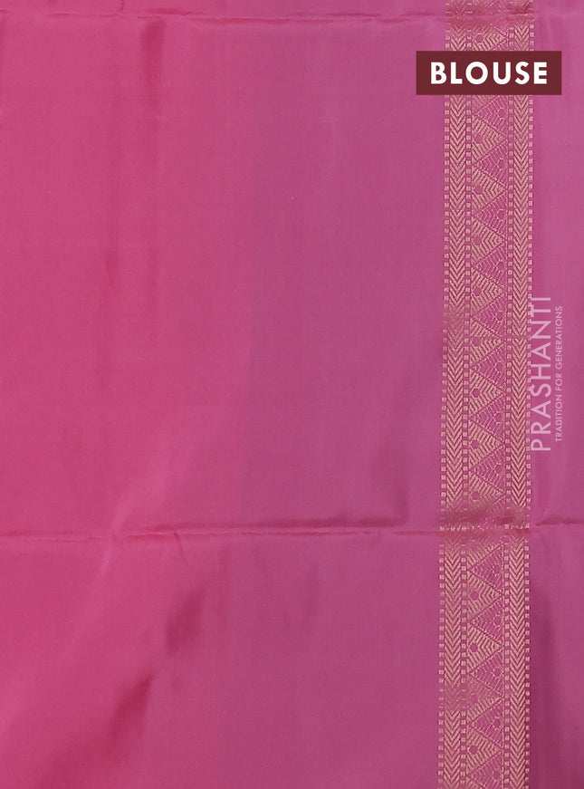 Kanchipuram soft silk saree pastel blue and candy pink with allover zari woven geometric buttas in borderless style