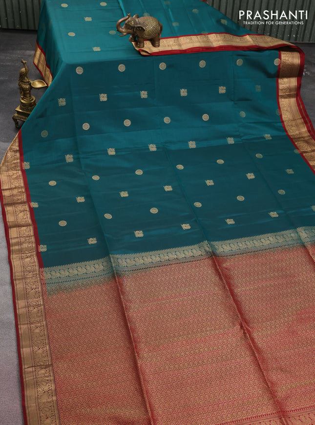 Kanchipuram soft silk saree peacock green and maroon with annam & rudhraksha zari woven buttas and annam zari woven border
