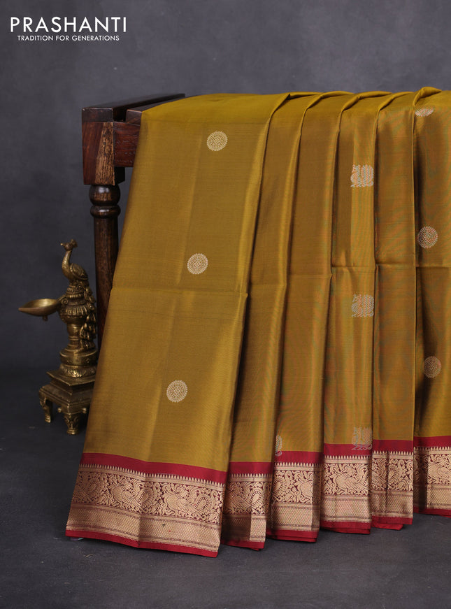 Kanchipuram soft silk saree dark mehendi green and maroon with annam & rudhraksha zari woven buttas and annam zari woven border