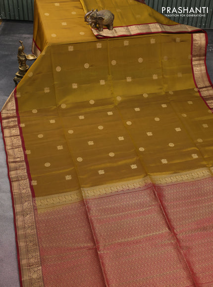 Kanchipuram soft silk saree dark mehendi green and maroon with annam & rudhraksha zari woven buttas and annam zari woven border